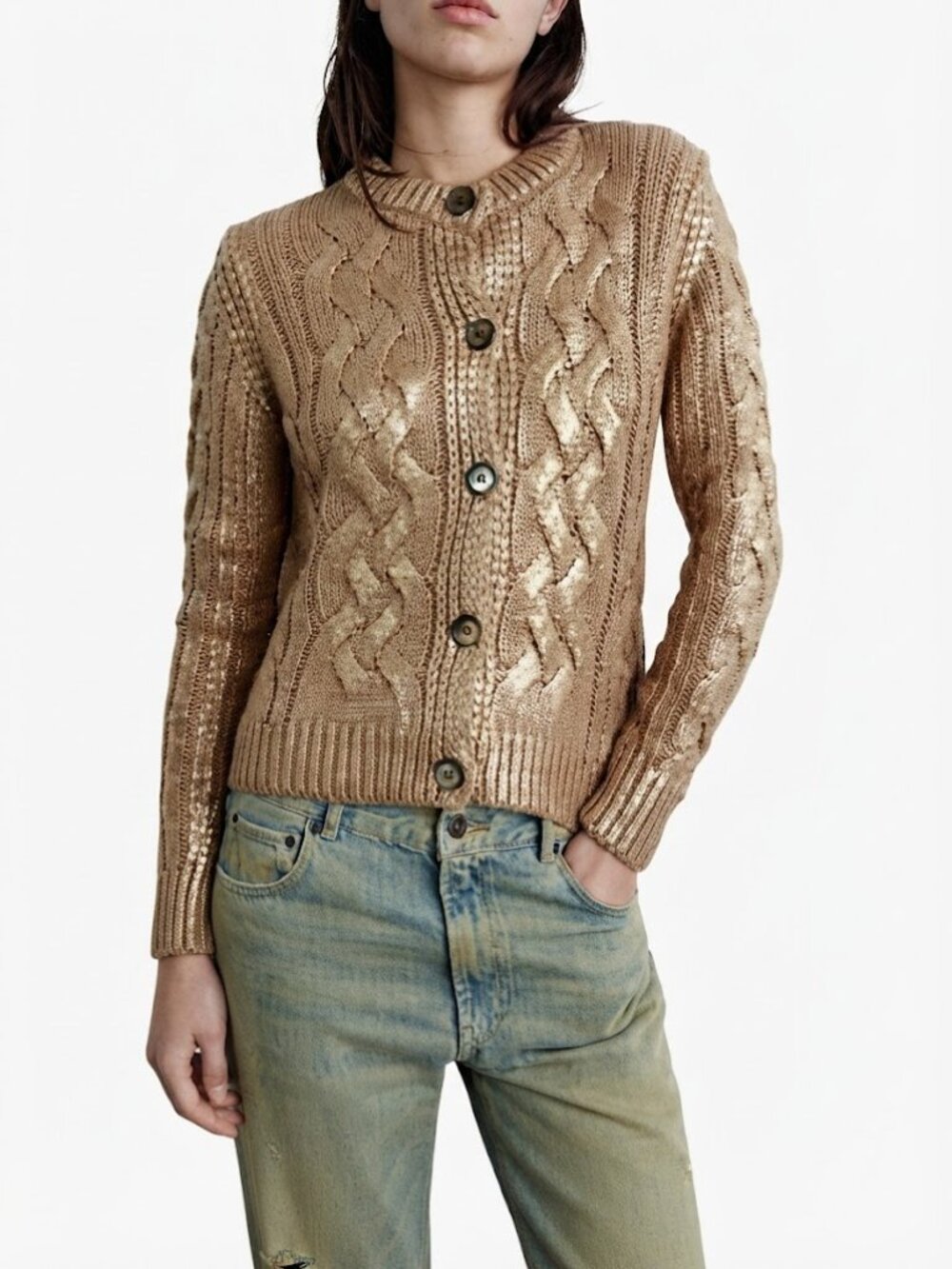 Zara Foil Cable Knit Sweater Metallic Golden Foil Knit Cardigan Size Small